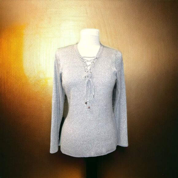 MICHAEL by Michael Kors Metallic Silver Pullover Top Ribbed Sweater Sz L - Picture 3 of 7